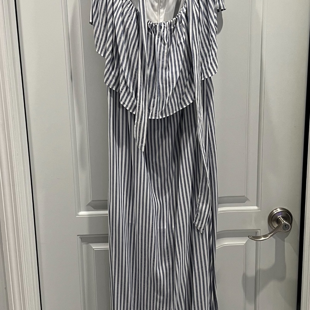 Blue and white strapless maxi dress